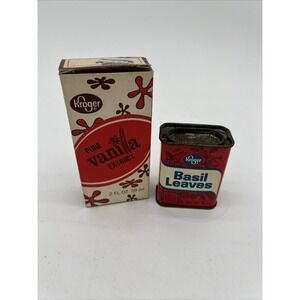 Vintage Kroger Basil Leaves Tin and Vanilla Extract Bottle